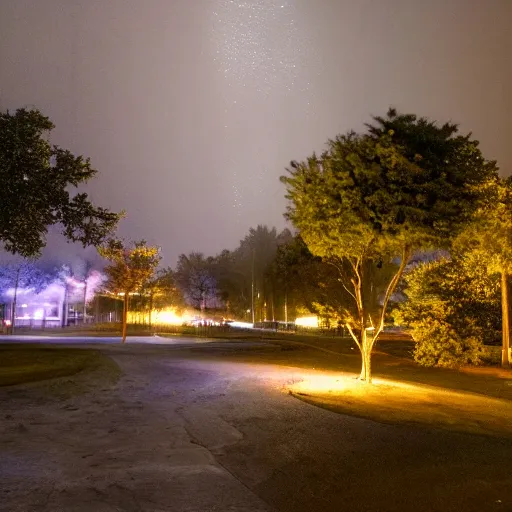 Prompt: glowing white rain at night, wide angle