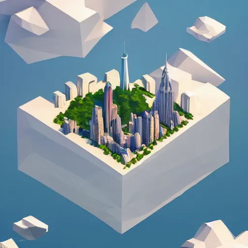 Image similar to floating island with new york city in the sky, low poly, isometric art, 3d art, high detail, artstation, concept art, behance, ray tracing, smooth, sharp focus, ethereal lighting