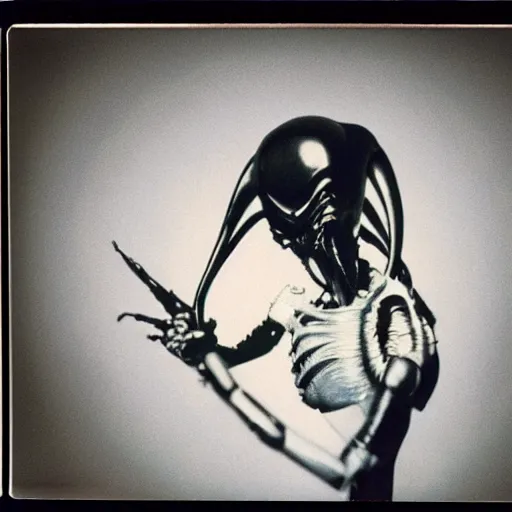 Prompt: polaroid image of xenomorph in a presidential debate