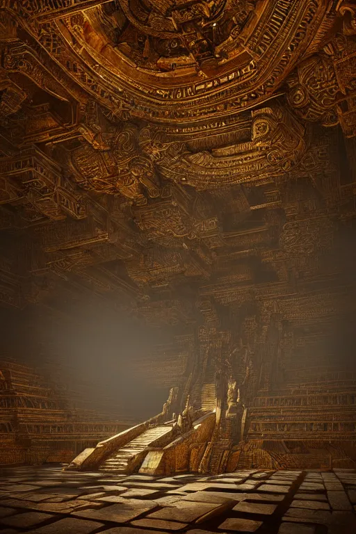 Prompt: inside a majestic aztec temple made of gold, intricate, elegant, volumetric lighting, digital painting, highly detailed, artstation, sharp focus, illustration, concept art, ruan jia, steve mccurry