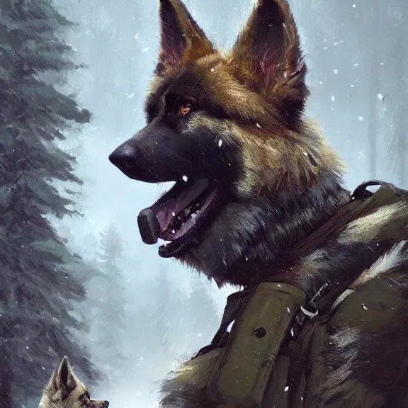 Image similar to Norwegian forest war action portrait of furry anthro anthropomorphic german shepard head animal person fursona wearing clothes modern soldier tactical digital art by Greg Rutkowski, Simon Stalenhag, trending on Artstation, CGSociety