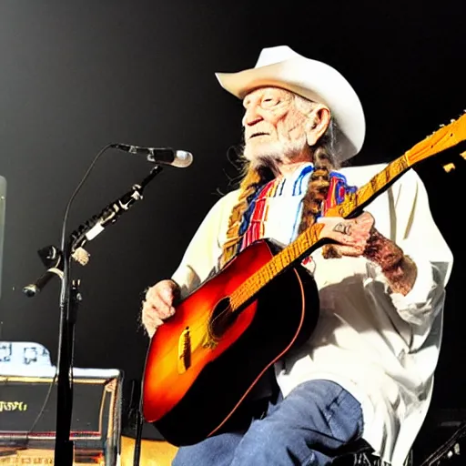 Image similar to willie nelson on stage, four fingers holdingguitar. god rays through fog.