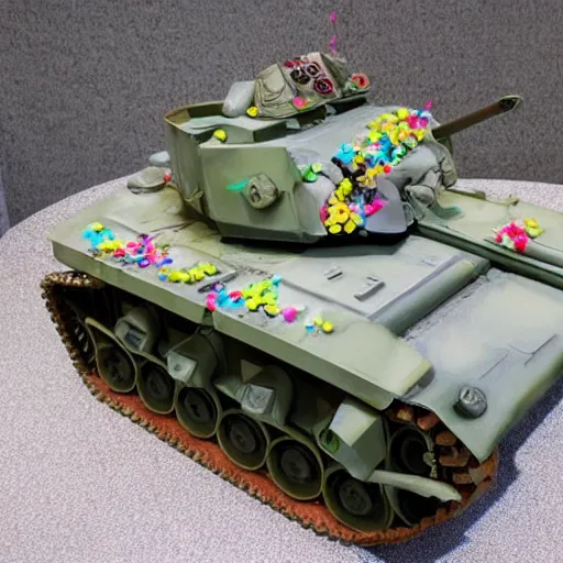 Prompt: war tank made of candy, sunny day