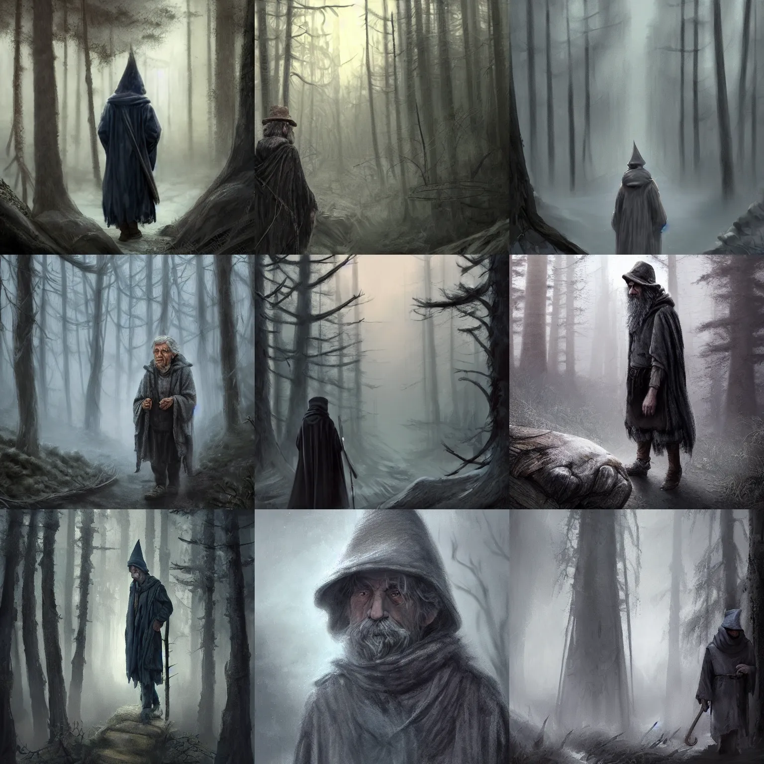 Prompt: an absent-minded, wandering wizard in his 70s, dressed in a ragged, gray traveling cloak. The background is a eastern european forrest in the twilight, high detail, photorealistic, cinematic lighting, blue tones, atmospheric, fantasy concept art by Anastasia Lerno and Anastasia Ovchinnikova, trending on ArtStation.