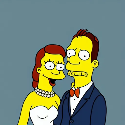 Image similar to a beautiful scrinshort of wedding couple in style of simpsons cartoon, coherent symmetrical faces