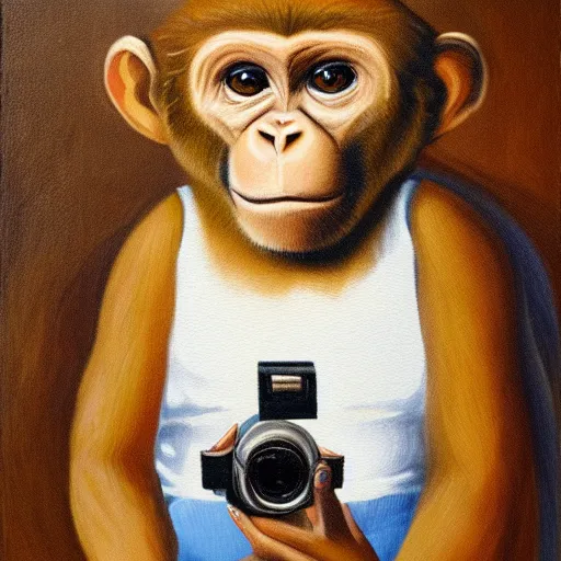 Image similar to Portrait of a monkey holding a camera, oil painting
