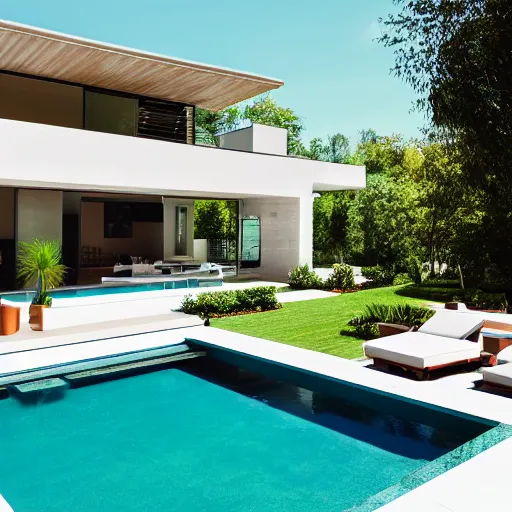 Prompt: A photograph of the backyard of a modern 2 story contemporary house with an infinity pool