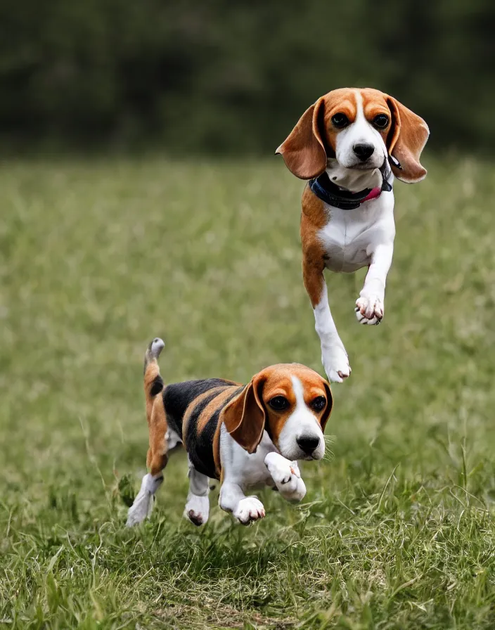 Image similar to a beagle running in a field, 8k, depth of field.