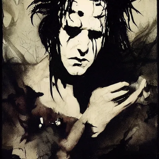 Prompt: robert smith as dream from sandman, by jeremy mann, by mike mignola, by dave mckean and richard avedon and maciej kuciara, 1 9 8 0's, punk rock, gothic, high detailed, 8 k