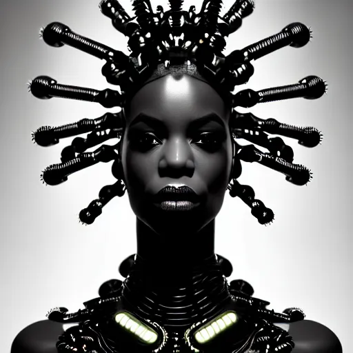 Image similar to portrait of an absurdly beautiful, graceful, sophisticated, fashionable black cyberpunk mechanoid gravure idol, hyperdetailed illustration by irakli nadar, maria borges, matt wisniewski style, intricate linework, dark black skin, neon jellyfish headdress, ivory carved ruff, unreal engine 5 highly rendered, global illumination, radiant light, detailed and intricate environment