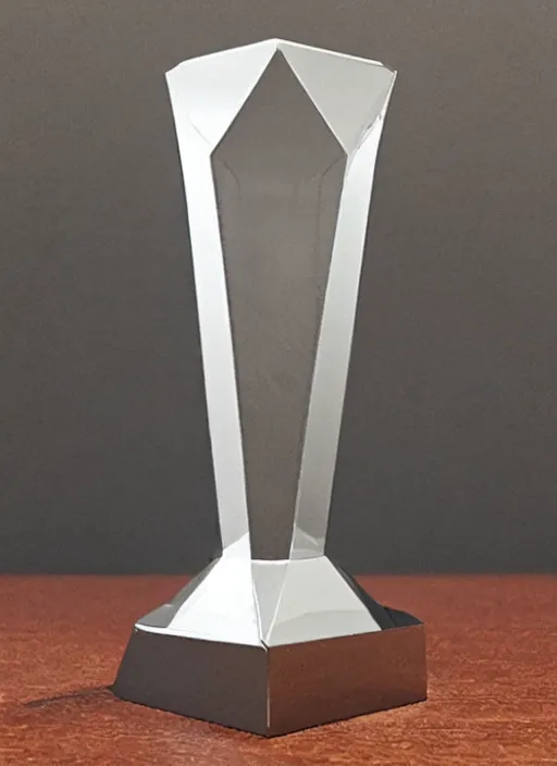 Prompt: ultra realistic, tall, reflective, very symmetrical, polyhedral, 3 d printed steel engineering trophy, 4 k, ultra realistic, highly detailed, epic lighting