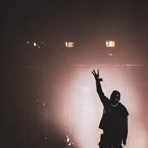 Image similar to photograph of kanye west performing, night time, backlighting, 8 k