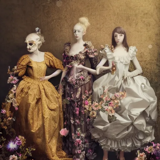 Image similar to 8k, octane render, realism, tonalism, renaissance, rococo, baroque, group of creepy young ladies wearing long flowers and skull dress, harajuku manga, background chaotic gold leaf flowers