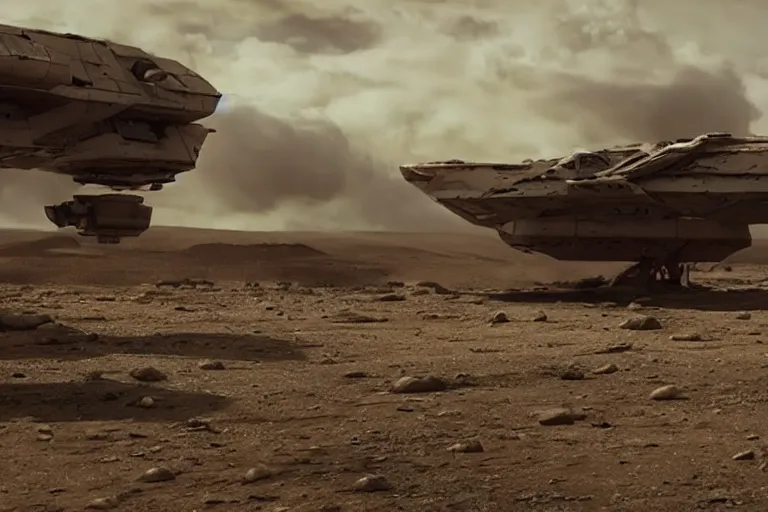 Image similar to VFX movie of a futuristic spaceship landing in war zone, natural lighting by Emmanuel Lubezki