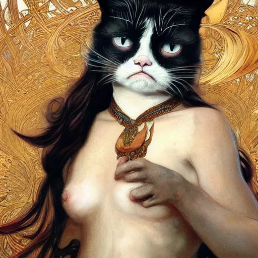 Prompt: Grumpy cat mermaid , intricate, elegant, highly detailed, digital painting, artstation, concept art, smooth, sharp focus, illustration, art by artgerm and greg rutkowski and alphonse mucha and francisco goya