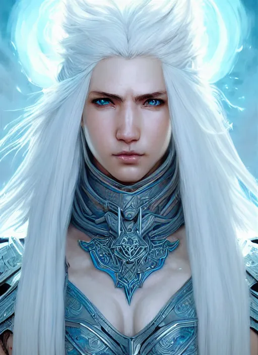 Image similar to warrior, light azure armor!!! long wild white hair!! covered chest!!! fantasy, d & d, intricate ornate details, digital painting, pretty face!!, symmetry, concept art, sharp focus, illustration, art by artgerm! greg rutkowski magali villeneuve wlop! ilya kuvshinov!!, octane render