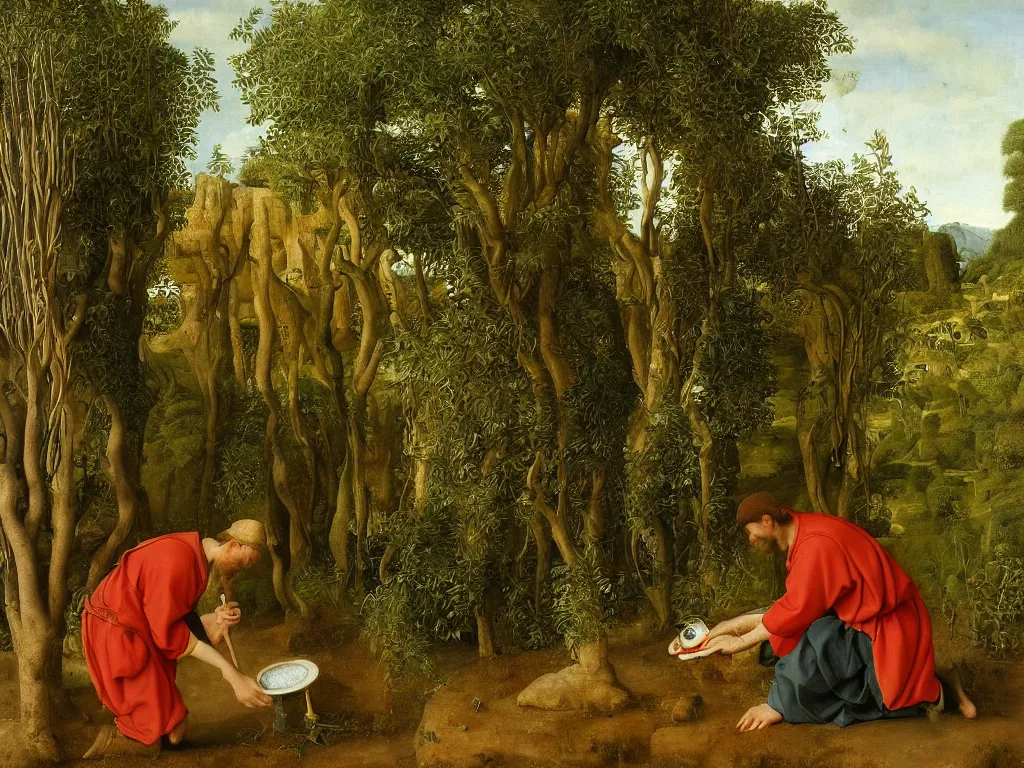 Image similar to kneeling painter washing his brush in a desert oasis, ferns. painting by jan van eyck