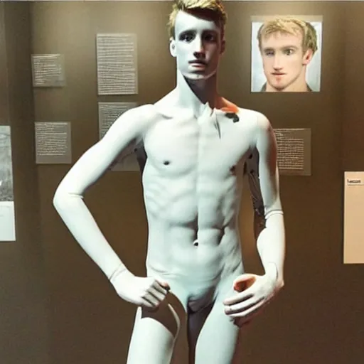 Image similar to “a realistic detailed photo of a guy who is an attractive humanoid who is half robot and half humanoid, who is a male android, British diver Jack Laugher, shiny skin, posing like a statue, blank stare, at the museum, on display”