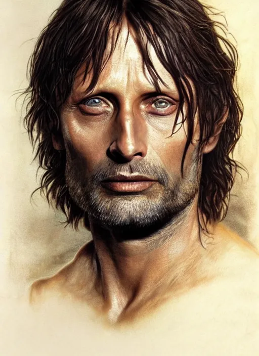 Prompt: Mads Mikkelsen as Aragorn by Alan Lee, medium shot, very detailed eyes, golden hour, concept art, detailed clothing, art station, oil painting