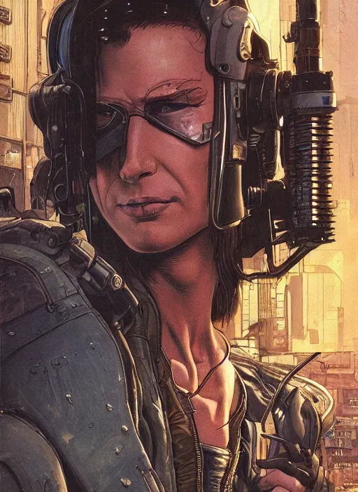 Image similar to cyberpunk mercenary. hiding in allyway. portrait by mœbius and will eisner and gil elvgren and pixar. realistic proportions. cyberpunk 2 0 7 7, apex, blade runner 2 0 4 9 concept art. cel shading. attractive face. thick lines.