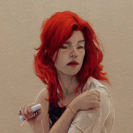 Image similar to a beautiful artwork portrait of a woman with a white shirt and red hair smoking a cigarette on a hotel balcony by Jerome Opeña, featured on artstation