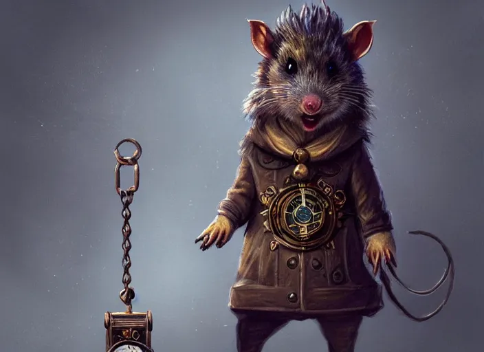 Image similar to a highly detailed illustration of a anthropomorphic rat wearing a long coat, glowing eyes, dramatic standing holding pocket watch with chain pose, infinite space clock background, muscular, intricate, elegant, highly detailed, centered, digital painting, artstation, concept art, smooth, sharp focus, league of legends concept art, wlop