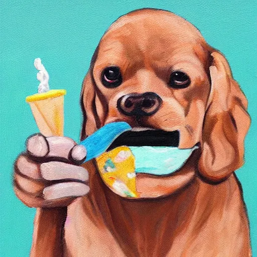 Image similar to painting of a dog eating ice cream