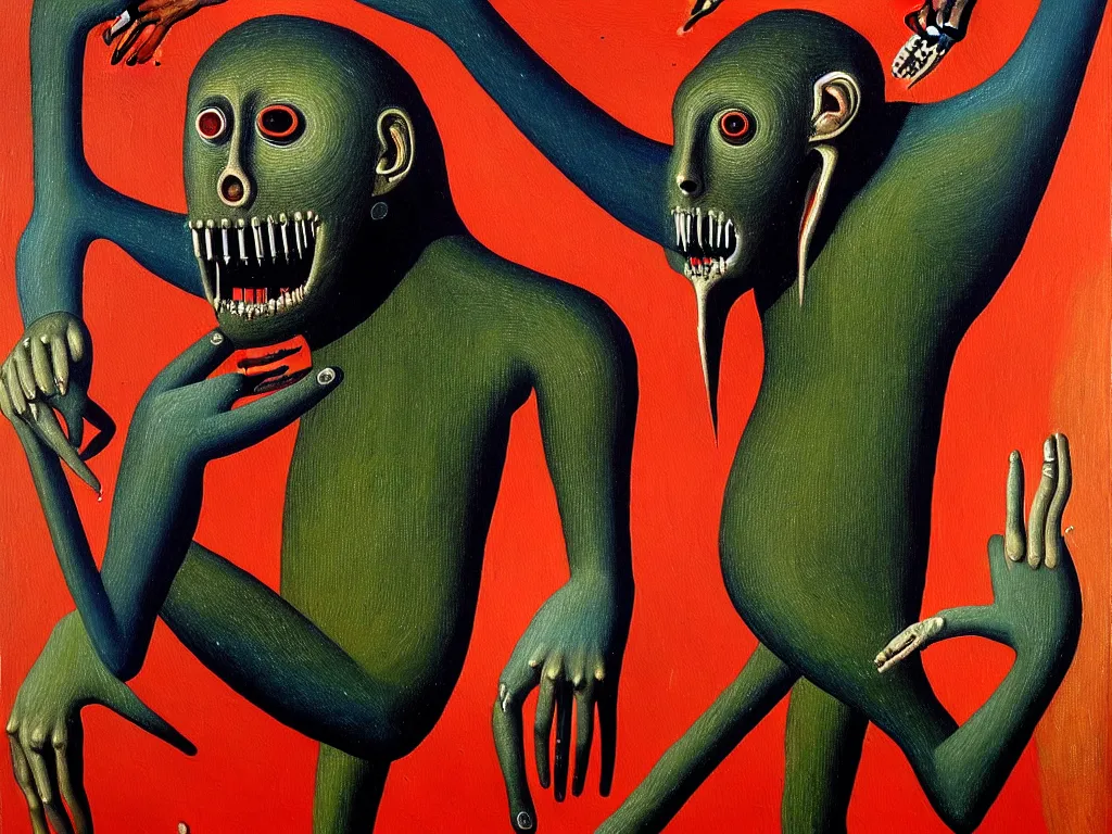 Prompt: a painting of a hominid with a hand face with a centered eye, mouth with sharp teeth centered on the belly, legs that melt into a foresthighly detailed, 4 k, art by max ernst