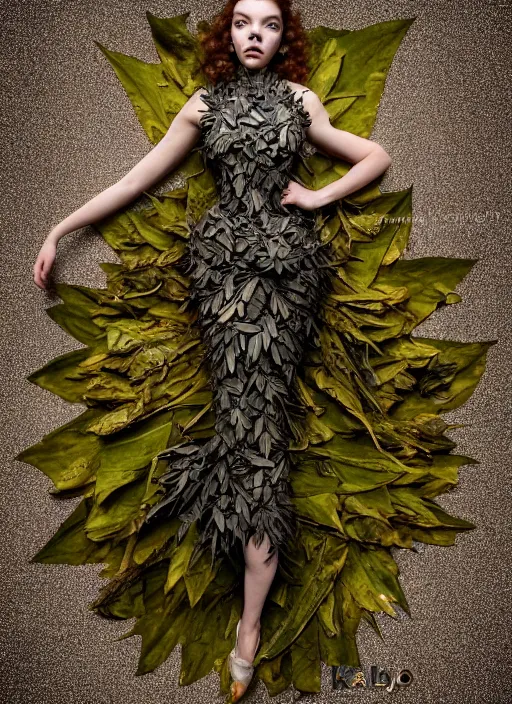 Image similar to expressive full body photo of anya taylor - joy, dress made of leaves, glamour shot, by karol bak, stefan gesell, photorealistic, nikon d 4 x, fashion photography, hyper maximalist, elegant, ornate, luxury, elite, environmental portrait, symmetrical features, octane render, unreal engine, solid dark grey background, dramatic lights