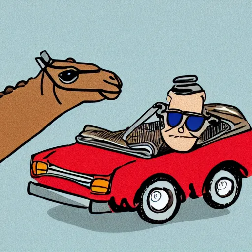 Prompt: camel with glasses sitting behind the wheel of a convertible car illustration