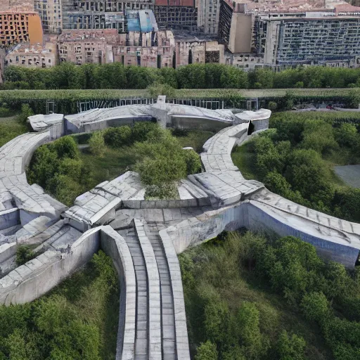 Image similar to aerial view of brutalist extensive monument ricardo bofill ( ( ( ( ( park ) ) ) ) ) spomenik with ( ( railings ) ) photo, 4 k