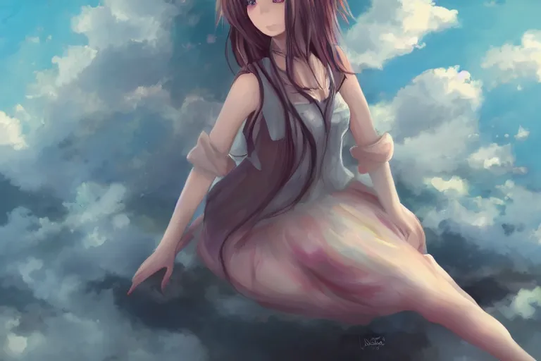 Image similar to a cute anime girl sitting on a cloud, digital painting, anime, portrait