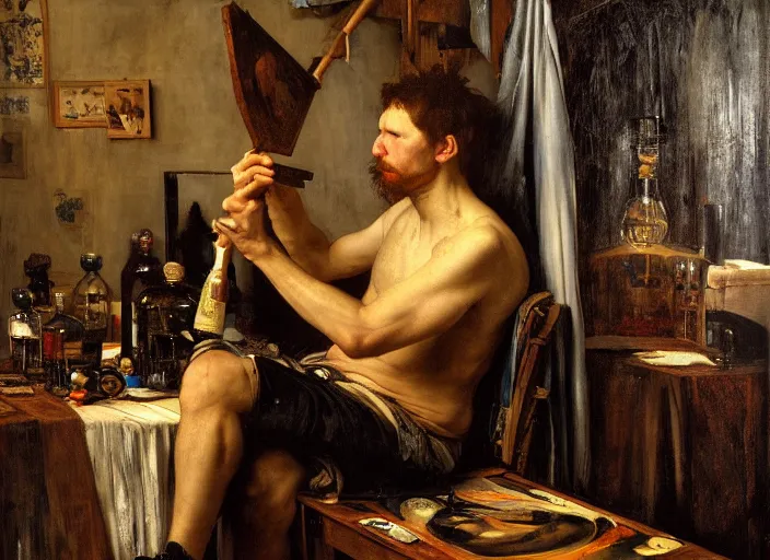 Image similar to an exhausted painter in his studio with a bottle of whisky painting a self portrait, by edgar maxence and caravaggio and michael whelan and delacroix style, artistic, intricate drawing, cinematic lighting, hyper realistic, extremely detailed, establishing shot, 8 k resolution, dramatic lighting