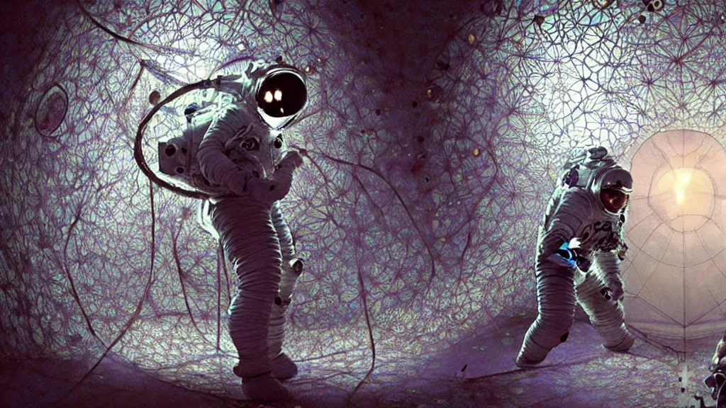 Image similar to a astronaut eva suit covered in diamond 3d fractal lace iridescent bubble 3d skin and covered with insectoid compound eye camera lenses floats through the living room, film still from the movie directed by Denis Villeneuve with art direction by Salvador Dalí, wide lens,