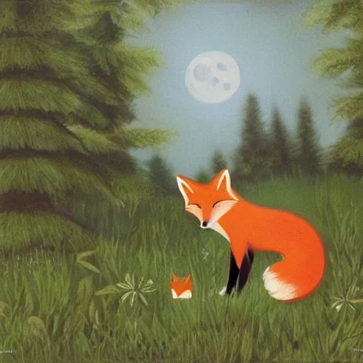 Image similar to A fox playing the piano in a meadow in The Swedish forest during the night under the moonlight, children’s book oil painting