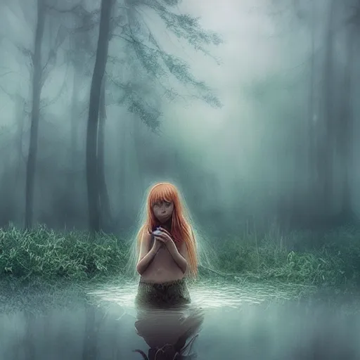 Image similar to forest girl child in a lake by ross tran, natural, fantasy, fog, artwork