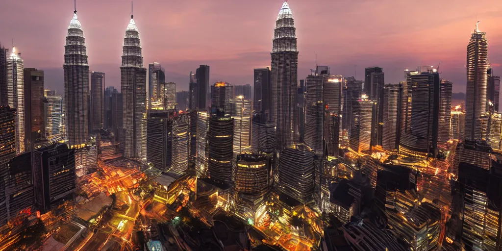 Image similar to malaysia city at night, unreal 5, hyperrealistic, realistic, photorealistic, dynamic lighting, highly detailed, cinematic landscape, studio landscape, studio lighting
