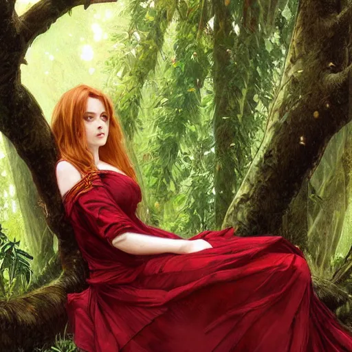 Prompt: portrait of a woman resting on large tree, regal dark red clothing, blonde hair, green lines, sharp focus, intricate, cinematic lighting, smooth, ultra realistic illustration, high fantasy, elegant, by artgerm, greg rutkowski, alphonse mucha magali villeneuve