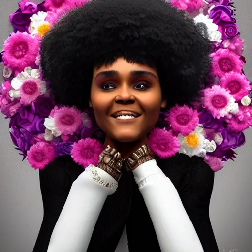 Prompt: portrait of a smiling beautiful black woman who looks like janelle monae and erika alexander with big fluffy afro surrounded by flower petals by argerm and by alphonse mucha, face by wlop, trending on artstation, octane render