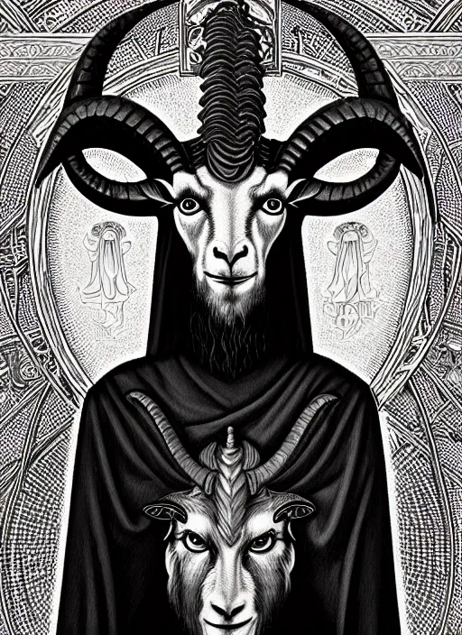 Prompt: hyper detailed ultra sharp orthodox baphomet goat jesus icon, occult, sardonic man, piercing gaze, trending on artstation, byzantine aesthetic, doom, religious, sinister, ornate, intricate, digital painting, concept art, smooth, sharp focus, illustration, art by josan gonzalez, greg rutkowski, killian eng and zdizslaw beksinski