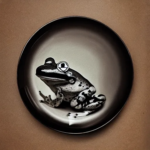 Image similar to frog hovering upside down over a plate with black milk, polaroid photography in style of andrey tarkovski, light caustics, paranormal, spiritual, mystical, sublime