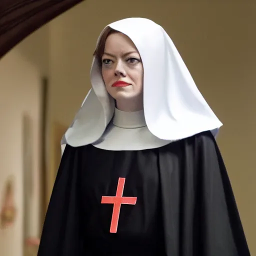 Image similar to A full body shot of Emma Stone dressed as a nun , catholic , high quality, fully detailed, 4k, inspired by handmaid's tale