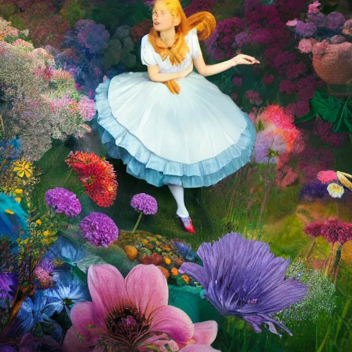 Prompt: a beautiful painting of alice in wonderland, shining its light across a tumultuous sea of flowers by dorothea tanning and salvador dali, trending on artstation, octane render, high detailed, human : - 2, blur : - 2, depth of field : - 2, w 1 9 2 0, h 1 0 8 0