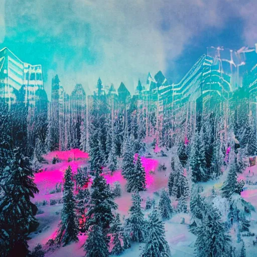 Image similar to double exposure of a white snowy forest and a colorful hologram city