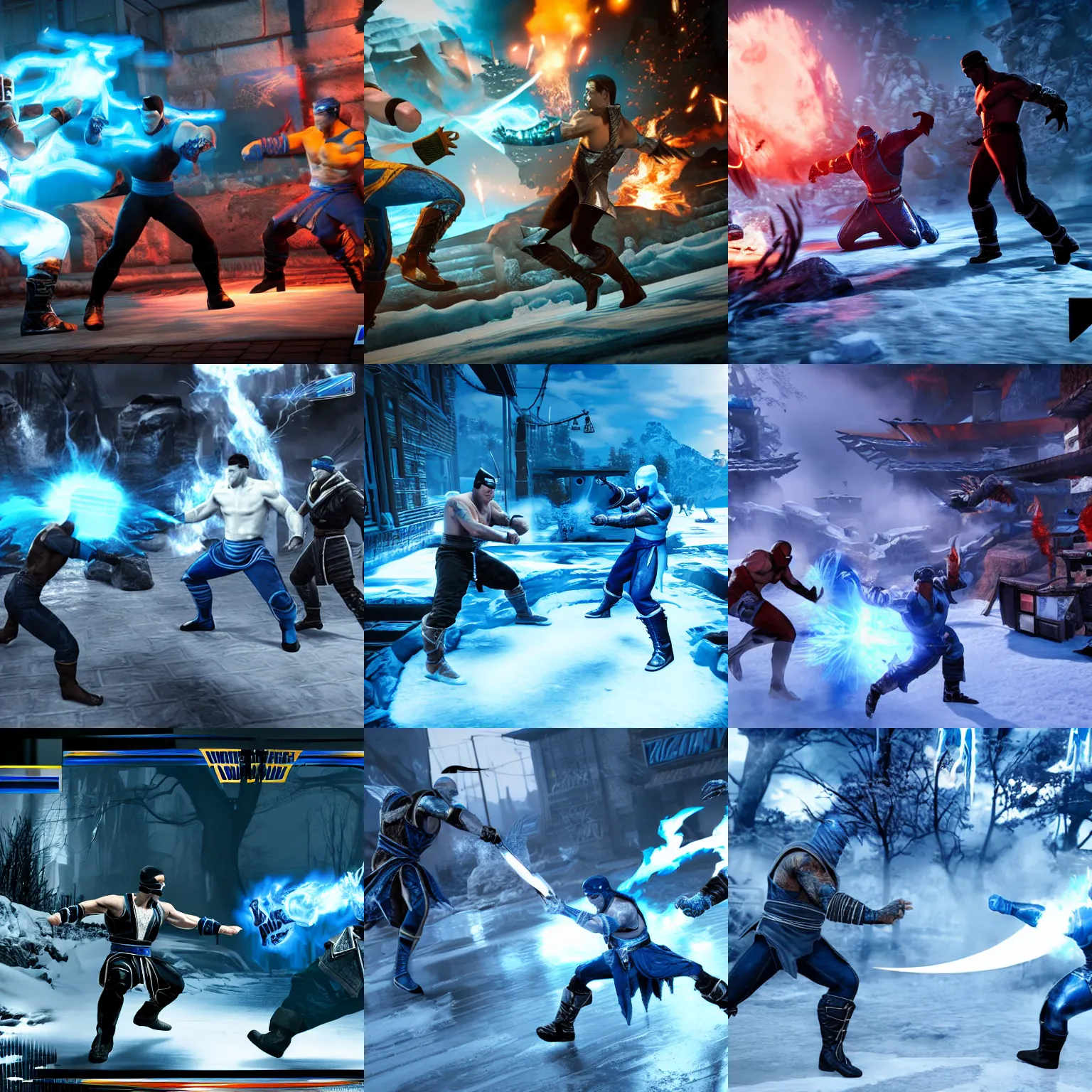 Prompt: sub - zero fighting against iceman, in the background sega console and players mortal kombat, landscape, unreal engine