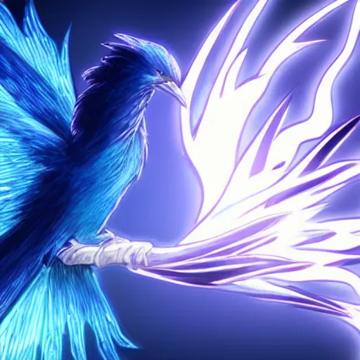 Prompt: blue phoenix bird composed by electrical blue discharges going through his body, high - quality, realistic