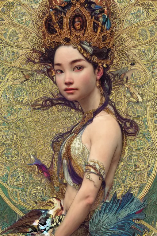 Prompt: a beautiful intricate beatutifull godess with birds, ultra - wide angle, ornate, elagant, highly detailed, photorealistic, octane render, 8 k, unreal engine, by william turner, by victo ngai, by alphonse mucha, by miho hirano, by moebius, hd, trending on artstation, hyper detailed, muted intense colors