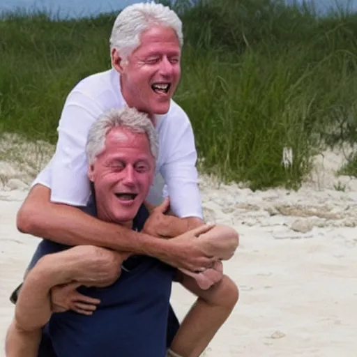 Image similar to bill clinton laughing hysterically while piggyback riding jeffrey epstein on an island, hyper realistic