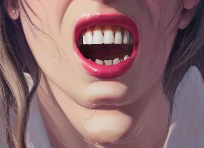 Prompt: wide open wife mouth, close - up, cry, defiant, pin - up, full lips, symmetrical teeth, light effect, hyper detailed, intricate, elegant, highly detailed, digital painting, artstation, concept art, matte, sharp focus, illustration, by dan mumford, yusuke murata, makoto shinkai, ross tran