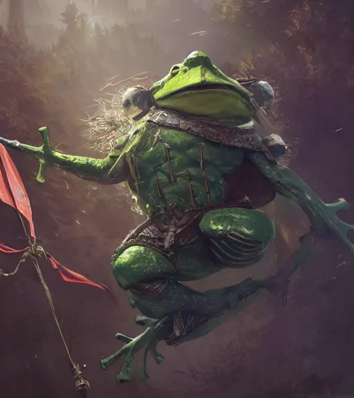 Image similar to a frog knight, holding up a large kite shield, battle armor, atmospheric lighting painted intricate volumetric lighting, beautiful, sharp focus, ultra detailed by leesha hannigan, ross tran, thierry doizon, kai carpenter, ignacio fernandez rios